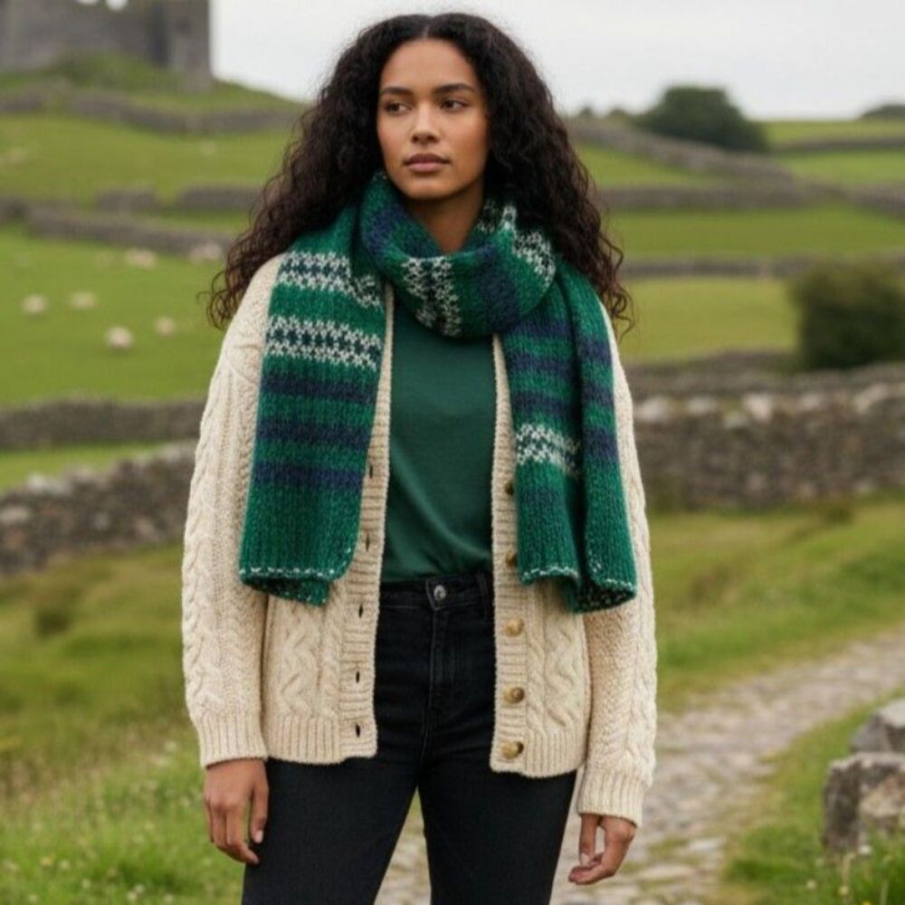 Inis Crafts Irish Merino Wool Cardigan Medium Cable Knit Fisherman Sweater